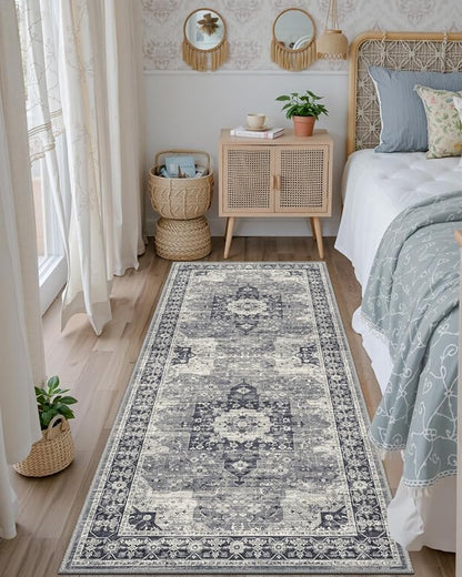 DEXI Hallway Runner Rug 3x10, Distressed Non Slip Runners Carpet, Boho Vintage Soft Thin Indoor Rug, Stain Resistant Washable Entry Mat for Entryway Kitchen Laundry Room Living Room, Blue Grey