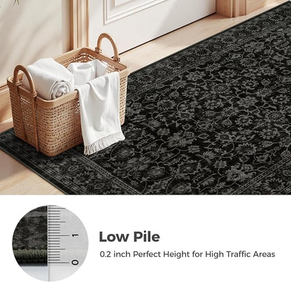 LIVEBOX Washable Area Rug 8x10 - Large Black Boho Living Room Rug Vintage Rugs for Bedroom, Non-Slip Retro Floral Carpet Print Distressed Accent Rugs for Dining Room Home Office