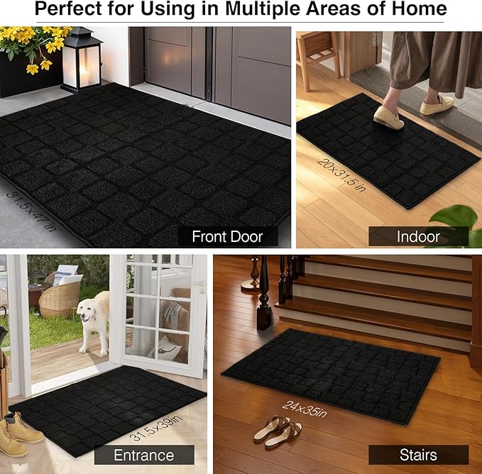 Large Front Door Mat Outside Entrance, Outdoor Indoor Door Mats for Entryway, Entrance, Entry, Patio, Waterproof Non Slip Doormat, Low-Profile, 31.5" × 47“, Black