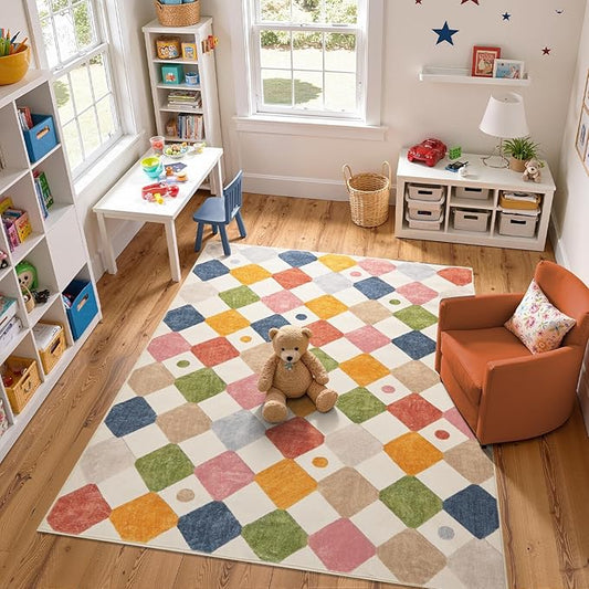 jinchan Macy Area Rug 6x9 Kids Washable Rug Indoor Floor Cover Non-Slip Modern Soft Rug Elementary School Classroom Colorful Diamond Carpet for Nursery Playroom Daycare Living Room Circus on Cream