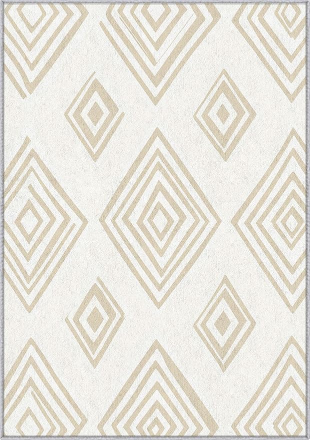 Washable 4x4 Modern Geometric Rug Living Room, Beige Abstract Diamond Design Area Rugs for Bedroom, Modern Geometric Home Decor Carpet, Low Pile, Non Slip, Kids & Pet Friendly (N4176)