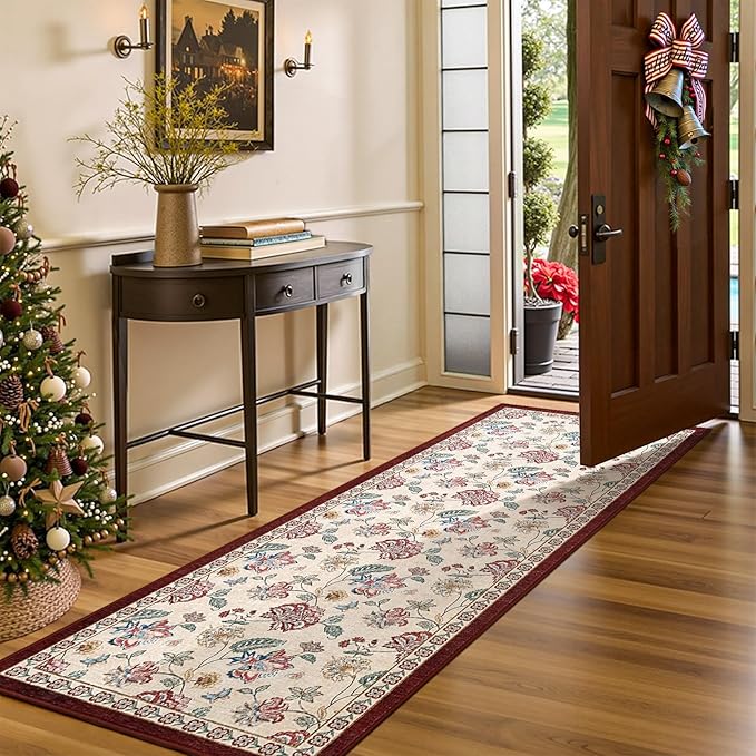 jinchan Elora 3x8 Floral Runner Rug for Hallway Washable Kitchen Runner Vintage Romance Design Non Slip Thin Indoor Floor Cover Low-Profile Throw Carpet for Entryway Bathroom Bedroom Porch, Red/Beige