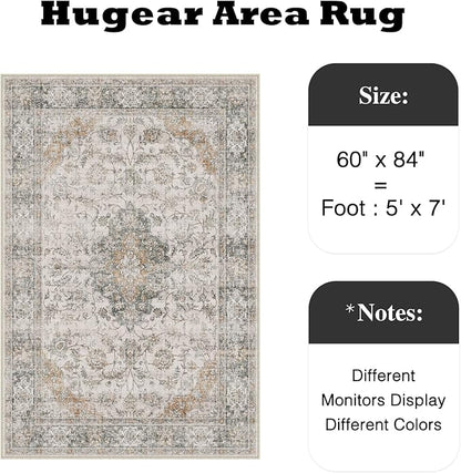 HUGEAR Retro Taupe Green Area Rug 5x7 Machine Washable Living Room Rugs Distressed Vintage Floral Low Pile Carpet Bedroom Office Dining Room Laundry Room Non Slip Soft Lightweight