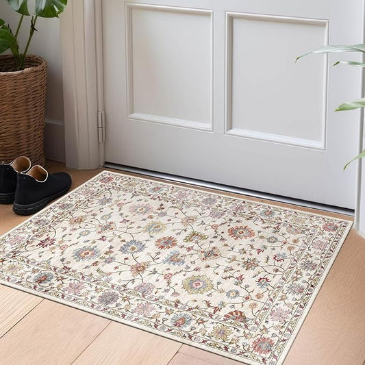 2x3 Washable Entryway Rug - Small Entry Rug Non-Slip Cream Colorful Vintage Traditional Floral Kitchen Rugs Low Pile Boho Carpet Throw Rugs for Bedroom Bathroom Entrance Dorm Laundry Room