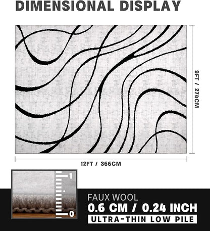YIHOUSE Modern Area Rugs for Living Room, 9x12 Washable Black and White Rug, Thin Abstract Geometric Striped Rug, Area Rug for Bedroom,Kitchen,Dining Room,Office