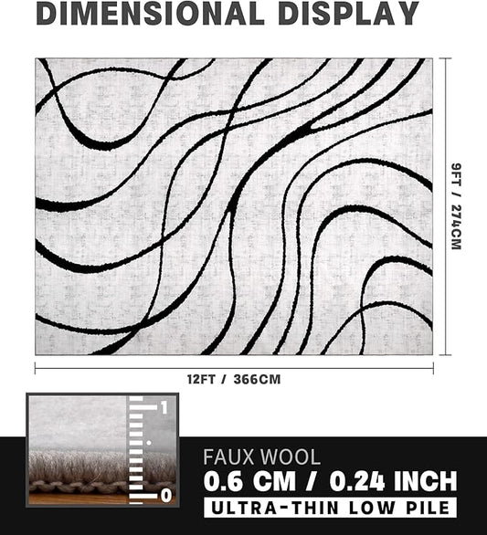 YIHOUSE Modern Area Rugs for Living Room, 9x12 Washable Black and White Rug, Thin Abstract Geometric Striped Rug, Area Rug for Bedroom,Kitchen,Dining Room,Office