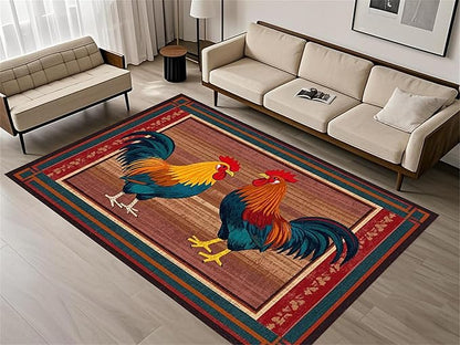 Rustic Rooster Area Rug，4x5ft,The Colorful Rooster Rug in A Farmhouse Style Adds Natural Vitality to Your Home，Soft and Comfortable Easy to Clean Carpet Suitable for Living Room Bedroom Kitchen