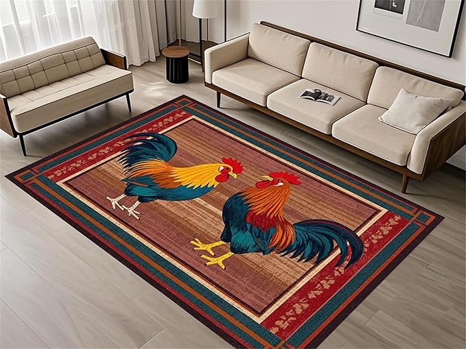 Rustic Rooster Area Rug，5x8ft,The Colorful Rooster Rug in A Farmhouse Style Adds Natural Vitality to Your Home，Soft and Comfortable Easy to Clean Carpet Suitable for Living Room Bedroom Kitchen