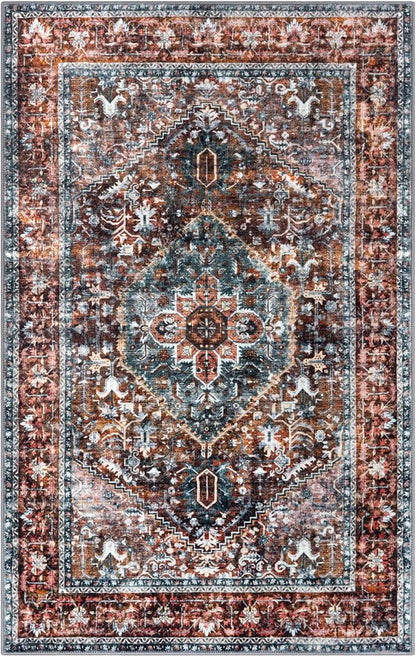 KOZYFLY Boho Area Rug 8x10 Ft Thin Rugs for Living Room Washable Bedroom Rug Non Slip Rugs Printed Faux Wool Vintage Bedroom Rug Floor Carpet for Dining Room Living Room, Brick Red/Orange/Green