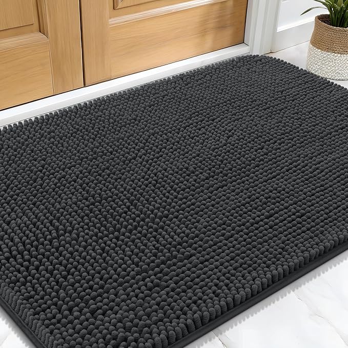 OLANLY Dog Door Mat for Muddy Paws 32x20, Absorbs Moisture and Dirt, Absorbent Non-Slip Washable Doormat, Quick Dry Chenille Mud Mat for Dogs, Entry Indoor Entryway Carpet for Inside Floor, Dark Grey