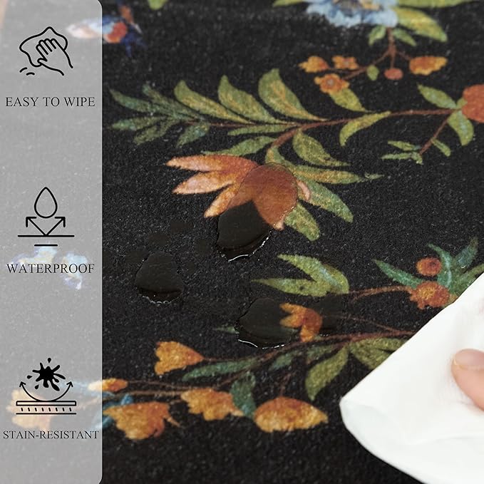 8x10 Area Rugs for Living Room, Machine Washable Non-Slip Carpet, Boho Floral Low Pile Throw Rugs for Bedroom, Dining Room, Office, Nursery, Vintage Home Decor（Black）