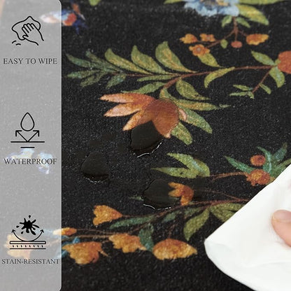 Black Rug for Living Room 5x7 Area Rugs, Machine Washable Non-Slip Carpet, Boho Floral Low Pile Throw Rugs for Bedroom, Dining Room, Office, Nursery, Vintage Home Decor