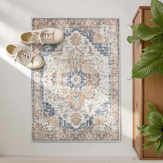 jinchan Kelda Area Rug 2x3 Entryway Rug Washable Doormat Vintage Retro Indoor Distressed Door Mat Accent Floor Cover Lightweight Non Slip Low Pile Carpet for Bathroom Living Room Bedroom Orange