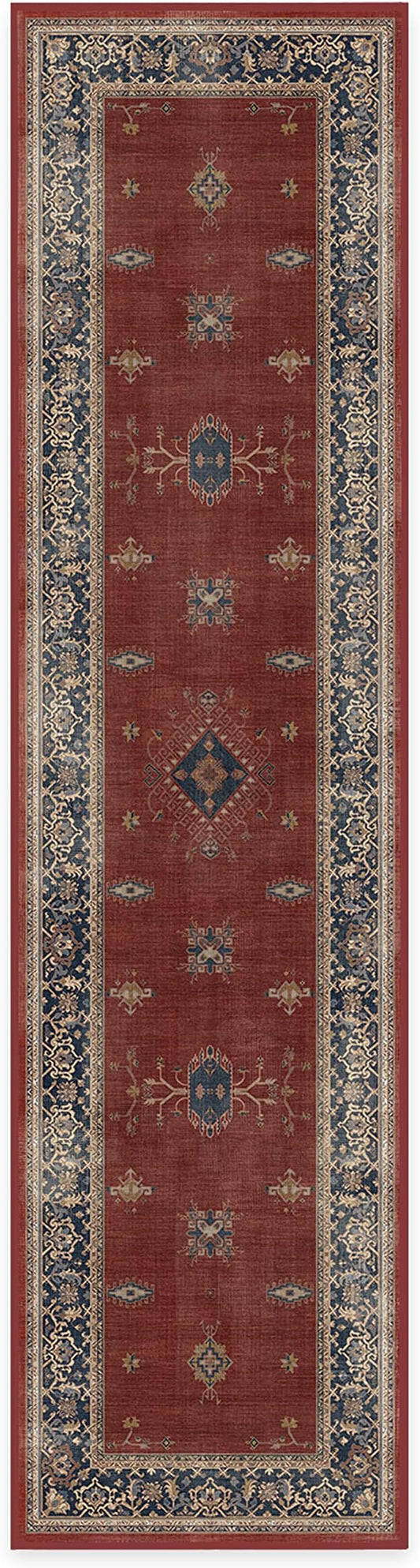 RUGGABLE Washable Vintage Runner Rug – Verena Amber Red 2.5x10, Stain-Resistant, Non-Slip Hallway Runner – Machine Washable Rug for Hallway, Entryway, Living Room & Kitchen–with Standard Pad