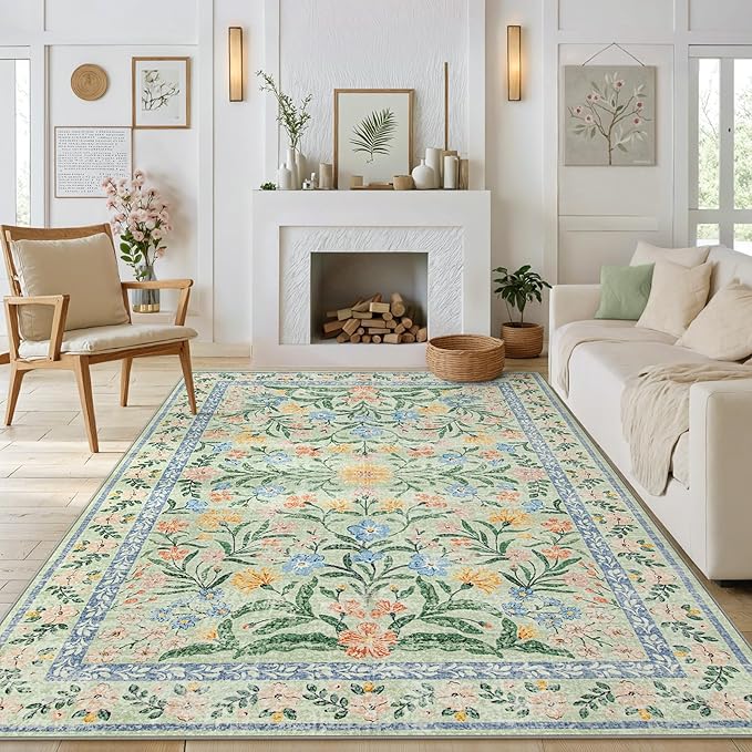 Morebes Boho Washable 6x9 Area Rugs for Living Room, Soft Vintage Floral Girls Bedroom Rug Non Slip, Indoor Floor Carpet for Nursery Kids Playroom Home Office, Green/Multi