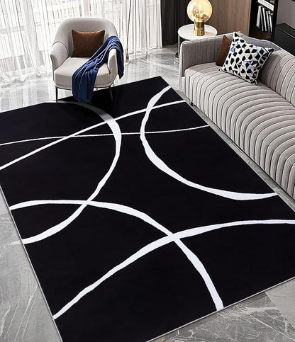 YIHOUSE Modern Washable Area Rug for Living Room Bedroom - Large Abstract Black and White Rug Non-Slip Ultra-Thin Home Decor (Dark Curve, 6'x9'ft)