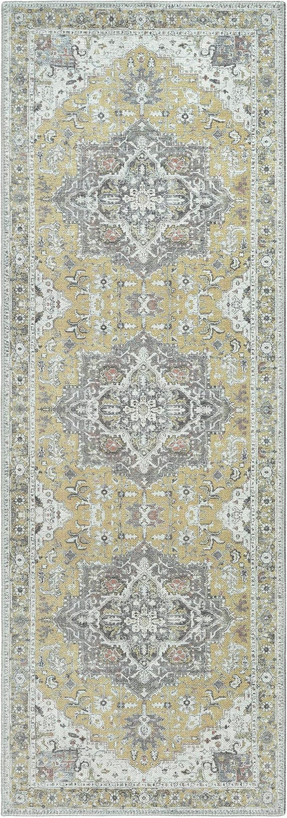 Bloom Rugs Washable Non-Slip 10 ft Runner - Yellow Traditional Medallion Runner for Entryway, Hallway, Bathroom, and Kitchen - Exact Size: 2.5' x 10'