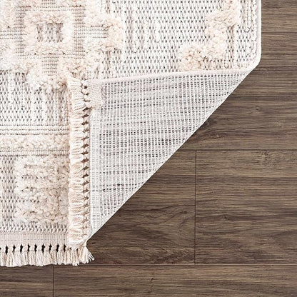 Hauteloom Rosales Farmhouse Living Room Bedroom Modern Moroccan Medallion Area Rug - Soft Shaggy High Low Carpet - High Pile - Bohemian, Boho - White, Beige, Cream - 6'7" x 9'