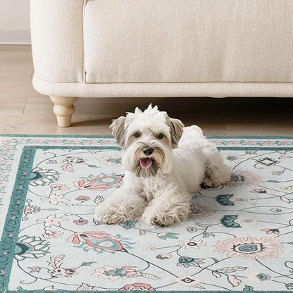 EVERGRACE Hallyway Area Runner Rugs 2x10, Boho Floral Faux Wool Indoor Outdoor Rugs, Washable Rugs for Bedroom Dining Room Living Room Kitchen, Low Pile Floor Mat Carpet for Home Decor, Pale Blue