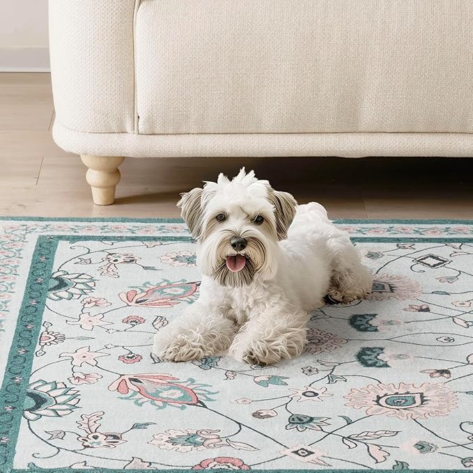 EVERGRACE Hallyway Area Runner Rugs 2x8, Boho Floral Faux Wool Indoor Outdoor Rugs, Washable Rugs for Bedroom Dining Room Living Room Kitchen, Low Pile Floor Mat Carpet for Home Decor, Pale Blue