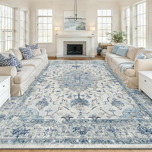 Area Rugs 10'x14' Washable Non-Slip, Floral Vintage Distress Print Pattern Medallion Carpet for Living Room Bedroom Dining Room, Light Blue Navy Beige Gray White