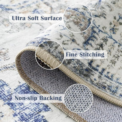 jinchan Kalen Runner Rug 3x8 Washable Area Rug Soft Vintage Indoor Floor Cover Thin Retro Distressed Blue Multi Carpet Floral Print Country Non Slip for Bathroom Kitchen Bedroom Living Room