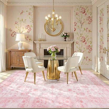 LIVEBOX 8x10 Pink Area Rug for Living Room, Vintage Soft Washable Bedroom Area Rugs, Non-Slip Foldable Floral Rug, Indoor Carpet for Dining Room Nursery Dorm Home Decor