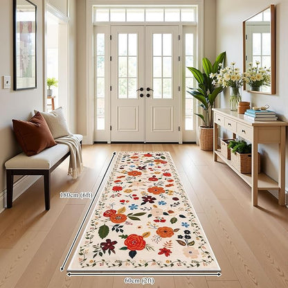 U'Artlines 2'x6' Boho Runner Rug for Hallways Kitchen Colorful Floral Soft Non Slip Washable Floor Carpet Runners for Entryway Laundry Room Bathroom Beige
