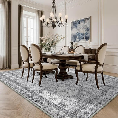 Large Faded Gray 8x10 Washable Area Rug for Living Room, No Shedding Vintage Floral Print Rugs Non Slip, Indoor Foldable Thin Retro Accent Carpet for Bedroom Farmhouse Dining Room