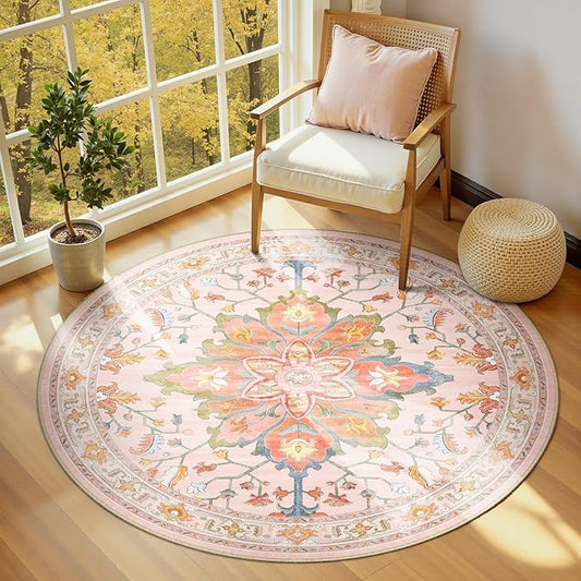 Area Rugs 4ft Washable Non-Slip, Floral Vintage Distress Print Pattern Medallion Carpet for Living Room Bedroom Dining Room, Light Pink Colorful