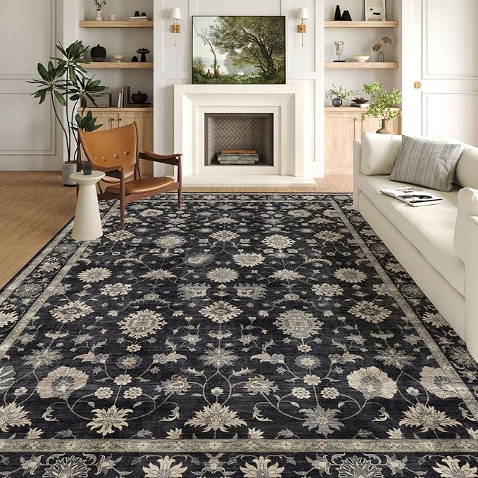 Area Rugs 9x12 Living Room - Large Washable Charcoal Black Boho Rugs for Bedroom Soft Vintage Rug Ultra-Thin Traditional Floral Carpet Moody Farmhouse Rug for Dining Room Guest Room Home Decor