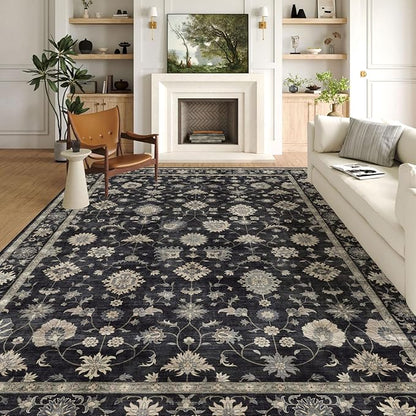 Area Rugs 10x14 Living Room - Large Washable Charcoal Black Boho Rugs for Bedroom Soft Vintage Farmhouse Rug Ultra-Thin Traditional Floral Carpet Moody Rug for Dining Room Guest Room Home Decor