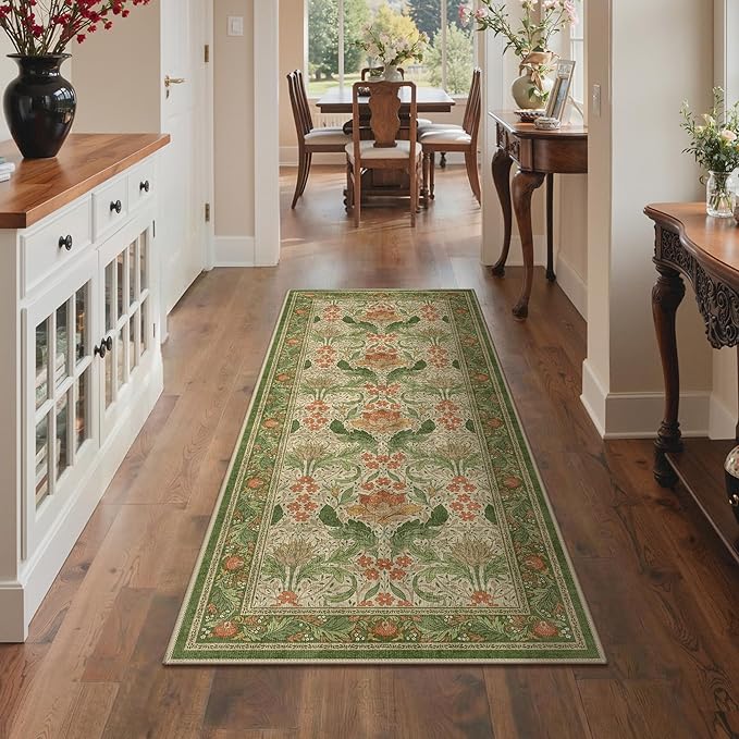 Bavni 2'6''x6 Runner Rug,Microfiber Washable Non-Slip Vintage Floral Rugs,Low Pile Lightweight Carpet for Bedroom,Hallway,Entryway,Kitchen,Bathroom, Sage Green & Burnt Orange
