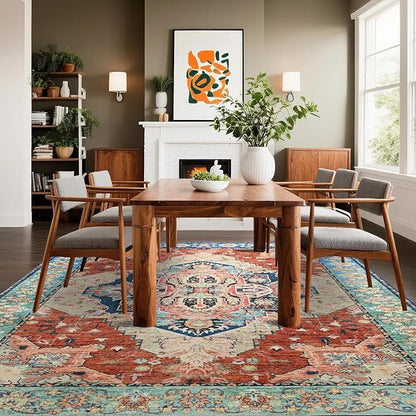 Large Area Rugs 9x12, Low Pile Washable Rugs - Soft Vintage Distressed Rugs for Living Room Bedroom, Office, Dining Room, Water Repellent & Non Shedding, Terracotta
