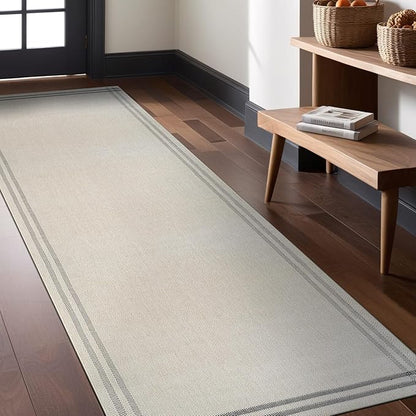 Easy Jute Rugs 2x7 Bordered Bone Color Living Room Indoor Outdoor Runner Rug for Patio and Kitchen Rug High Traffic Washable Easy to Clean Solid Boho Woven Design Outside Carpet (2 x 7)