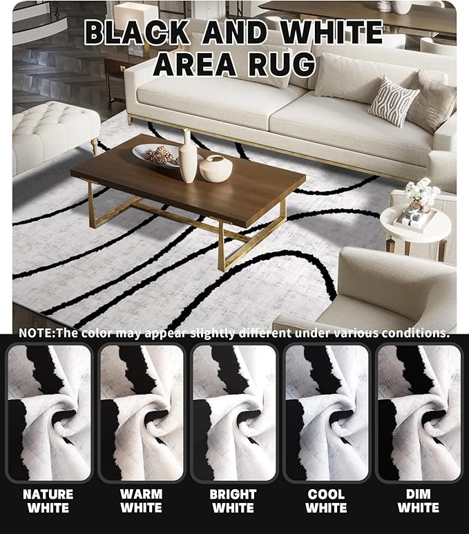 YIHOUSE Modern Area Rugs for Bedroom,5x7 Washable Black and White Rug, Thin Abstract Geometric Minimalist Striped Rug, Black Rugs for Bedroom,Kitchen,Dining Room Office