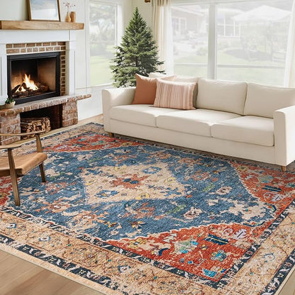 Area Rug 6x9 Washable Rug, Vintage Boho Medallion Rugs Non-Slip Soft Low Pile Large Distressed Rug Indoor Retro Carpet for Living Room Bedroom Dining Room Home Office (Tribal Medallion/Multi, 6'x9')