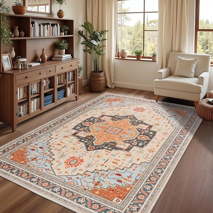 3x5 Orange Beige Area Rug for Living Room, Machine Washable Rugs with Non-Slip Backing for Bedroom, Vintage Medallion Carpet Kitchen Laundry Kids Room Decor