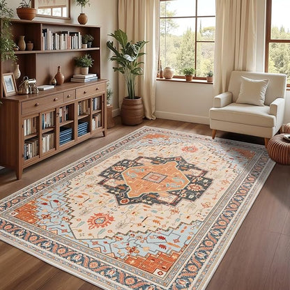 6x9 Orange Beige Area Rug for Living Room, Machine Washable Rugs with Non-Slip Backing for Bedroom, Vintage Medallion Carpet Dining Room Office Kids Room Decor
