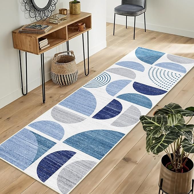 MUJOO Runner Rug Washable,Blue 2x6 Area Rugs for Hallways Kitchen Bathroom Bedroom Entryway,Non Slip Carpet Long Mat Indoor,Boho Soft Modern Abstract Navy Blue
