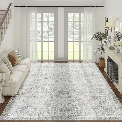jinchan Area Rug 9x12 Washable Living Room Rug Vintage Indoor Large Floor Cover Retro Accent Mat Distressed Gray Floral Country Boho Non Slip Thin Carpet for Bedroom Kitchen Dining Room Office Grey