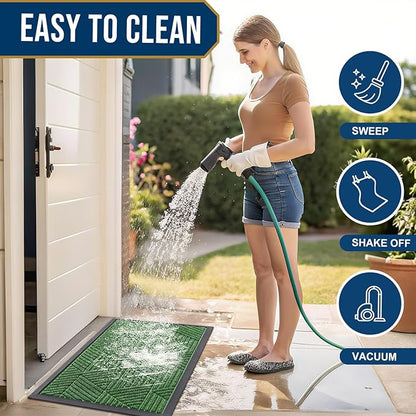 Kitinjoy Front Door Mat Outside Entrance, Sturdy Natural Dirt Trapper, Heavy Duty Rubber Doormat, Low Profile Non-Slip Backing, Easy Clean Floor Mat for Indoor Outdoor Entry, 29.5X17 Inch, Green