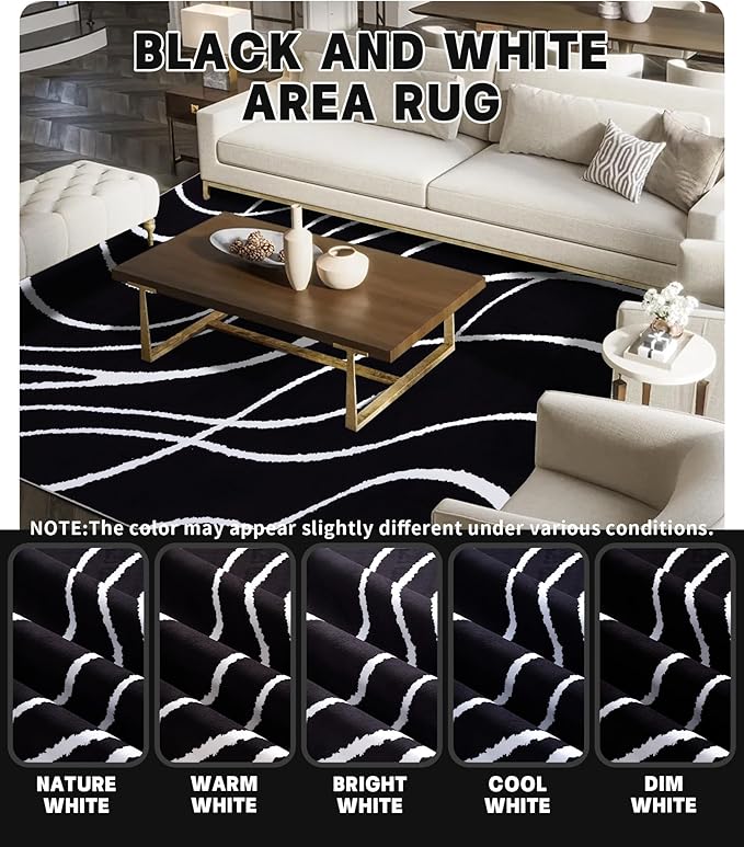 YIHOUSE Black Modern Area Rugs 8x10,Large Black and White Washable Rug for Living Room,Thin Abstract Geometric Rug,Minimalist Striped Rugs 8x10 for Bedroom,Office