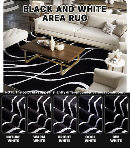 YIHOUSE Black Modern Area Rugs 8x10,Large Black and White Washable Rug for Living Room,Thin Abstract Geometric Rug,Minimalist Striped Rugs 8x10 for Bedroom,Office