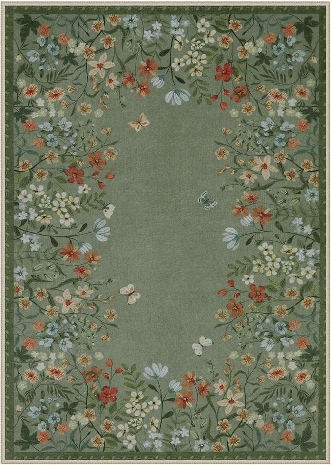 Wonnitar Washable 5x7 Area Rugs, Green Floral Rugs for Bedroom, Non-Shedding Living Room Throw Rug, Botanical Dining Room Floor Carpet for Bedside Kids Girls Bedroom (Green,5'x7')