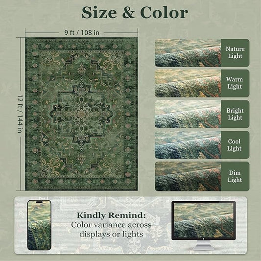 Large Vintage Area Rugs 9x12 for Living Room, Dark Green Tranditional Distressed Medallion Printed Big Carpet Rugs for Bedroom, Washable Non Slip Low Pile Thin Rugs for Dining Room