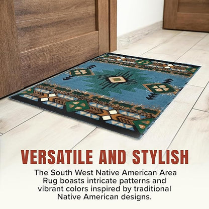 YHSF South West Native American Area Rug C318 - Easy Clean, Thick, Soft, Durable Native Tribal American Indian Inspired Rug for Bedroom/Living Room and More - Blue-Green, 5 ft 11 in x 8 ft 6 in