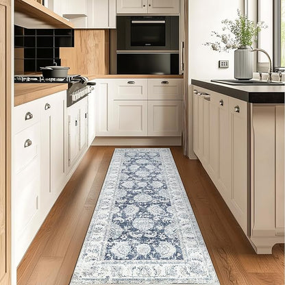 jinchan Runner Rug 2x7 Machine Washable Hallway Rug Dark Blue Vintage Floral Print Non-Slip Low Pile Ultra-Thin for Kitchen,Entryway,Laundry Room,Bedroom,Farmhouse (2‘x7’,Dark Blue)