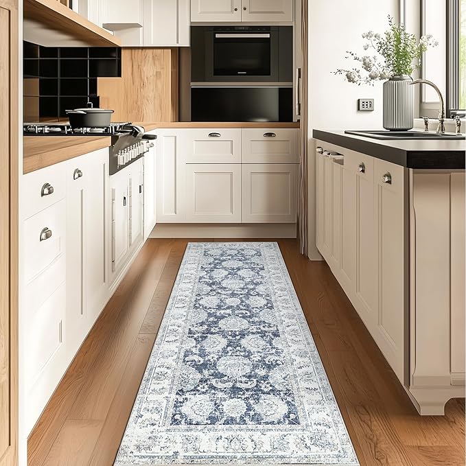 jinchan Fiora Runner Rug 2x6 Machine Washable Hallway Rug Dark Blue Vintage Floral Print Non-Slip Low Pile Ultra-Thin for Kitchen, Entryway, Laundry Room, Bedroom, Farmhouse (2‘x6’, Dark Blue)