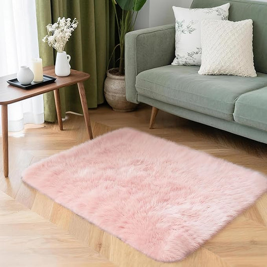 2x3 Solid Fluffy Pink Area Rug – Washable, Durable, Small Bedroom Rug, Non-Slip High Pile Shag Rugs for Living Room, Bedroom, Bedside, Dorms,Grils Rooms, Kids Room, Soft Indoor Floor Carpet